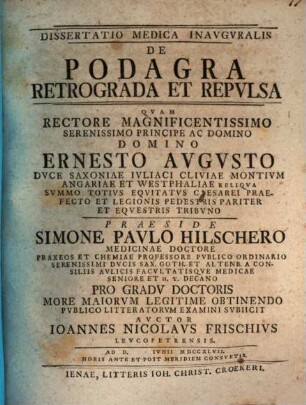 Diss. med. inaug. de podagra retrograda et repulsa