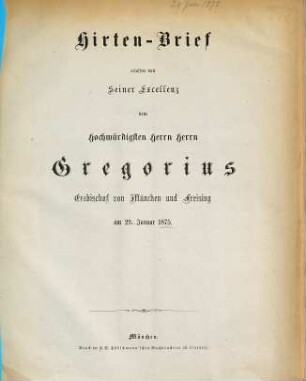 Hirtenbrief. 1875, 29. Jan.