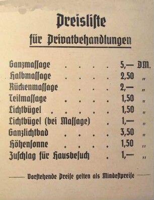 PREISLISTE FÜR PRIVATBEHANDLUNGEN