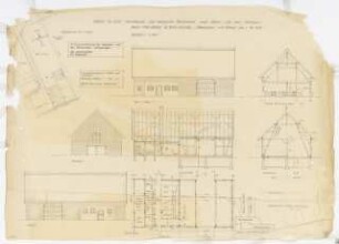 Stallscheune auf bestehendem Fundament für Herrn Schütz, Klein Eichholz: Lageplan M 1:500, Ansichten, Schnitte, Grundriss alle in M 1:100, Detail Schneunentor