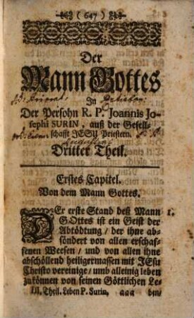 Der Mann Gottes : das ist: wundersames Leben deß gottseeligen Patris Joannis Josephi Surin d. Gesellschafft Jesu Priestern. 3