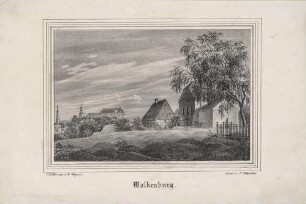 Ortsansicht von Wolkenburg (Limbach-Oberfrohna-Wolkenburg) südwestlich von Penig, im Hintergrund die Pfarrkirche und das Schloss Wolkenburg über der Zwickauer Mulde, aus aus Sachsens Kirchen-Galerie von Hermann Schmidt, 10. Band 1843