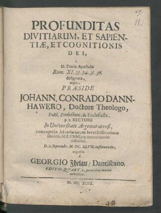 Profunditas Divitiarum, Et Sapientiae, Et Cognitionis Dei