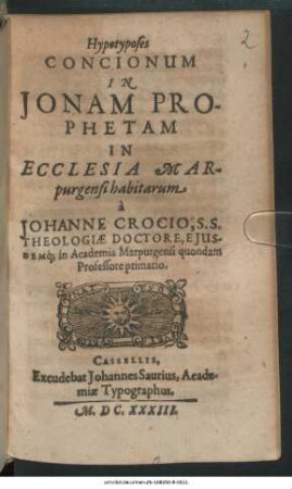 Hypotyposes Concionum In Jonam Prophetam In Ecclesia Marpurgensi habitarum