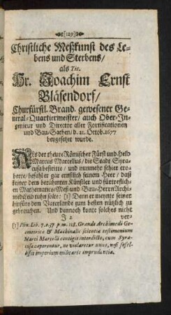 [X.] Christliche Meßkunst des Lebens und Sterbens/ als Hr. Joachim Ernst Bläsendorf ... beygesetzet wurde.