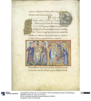 Evangelistar Heinrichs IV. (?), Zwei Szenen: Die sich beratenden Juden / Die Salbung in Bethanien