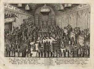 Festbankett zur Wahl undt Krönung Matthias I. in Frankfurt am Main 1612 Bl. 10 aus: Electio Et Coronatio Sereniss. Potentiss. Et Invictiss. Principis Et Dn. Dn. Matthiae I. Electi Rom. Imperat. Semper Augusti Etc. Eiusq[ue] Sereniss. Coniugis Annae Austriacae Etc. Tabulis Aeneis Adumbrata, ca. 1612. Dresden: SLUB Hist.Germ.C.8