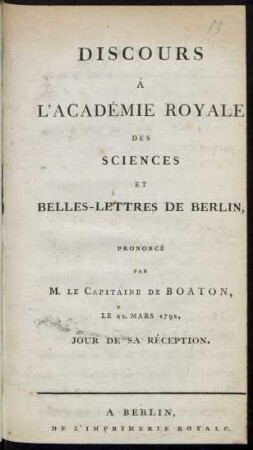 Discours À L'Academie Royale Des Sciences Et Belles-Lettres De Berlin