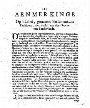 Aenmerkinge Op het Geschrift, Genaemt Parlamentum Pacificum, Gedrukt tot Londen, inde Maent van Maert 1688, met een Privilegie, getekent door den Grave van Sunderland, Sekretaris van Staet