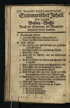 Summarischer Inhalt Des gantzen Gesang-Buchs: Nach der Ordnung der Materien/ davon die Lieder handeln
