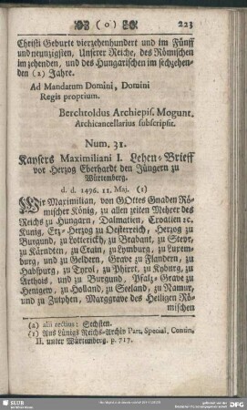 Num. 31. Kaysers Maximiliani I. Lehen-Brieff vor Herzog Eberhard den Jüngern zu Würtemberg