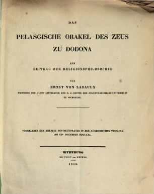 Das Pelasgische Orakel zu Dodona : Ein Beitrag zur Religionsphilosophie