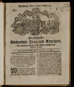 Dienstags, den 5. Januar. Anno. 1779. No. I. - Dienstags, den 9. Febuar. Anno. 1779. No. VI.