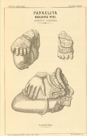 Plate XXXII. Pankuliya. Building No. 21. Stucco figures.