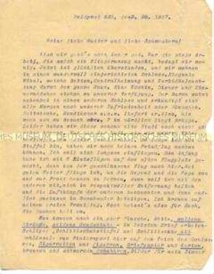 Maschinenschriftliche Abschrift eines Feldpostbriefes mit der Beschreibung von Flugübungen für Anfänger - Personenkonvolut