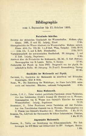 Bibliographie vom 1. September bis 15. October 1895.