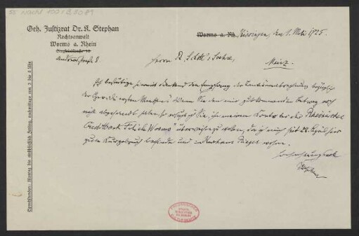 Brief an B. Schott's Söhne : 01.05.1925