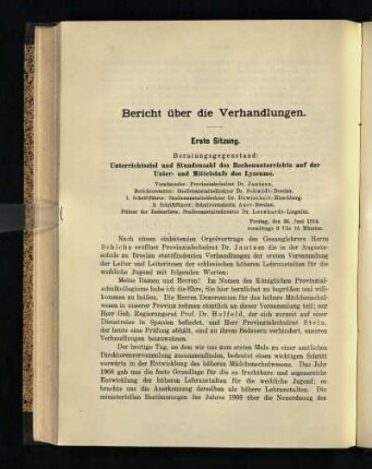 Erste Sitzung : Bericht über die Verhandlungen