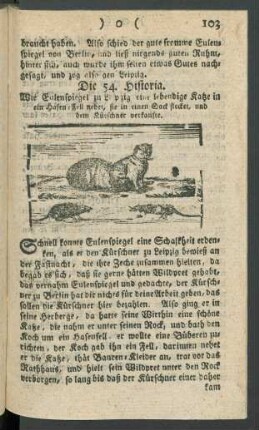 Die 54. Historia. Wie Eulenspiegel zu Leipzig eine lebendige Katze in ein Hasen-Fell nehet, sie in einen Sack stecket, und dem Kürschner verkaufte