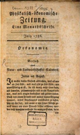 Physikalisch-ökonomische Zeitung : eine Monathsschrift. 1786,7, 1786,7