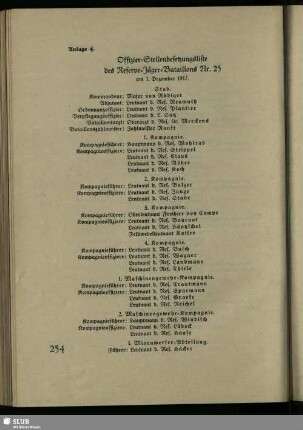 Anlage 4. Offizier-Stellenbesetzungsliste des Reserve-Jäger-Bataillons Nr. 25 am 1. Dezember 1917