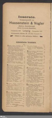 Inserate. Alphabetisches Verzeichnis