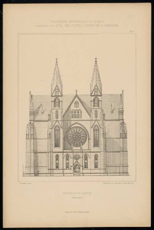 Dreischiffige Kirche: Westseite (aus: C. Schäfer, Die Bauhütte, Entwürfe im Stile des Mittelalters, 1. Bd., 1883, Tafel 9)