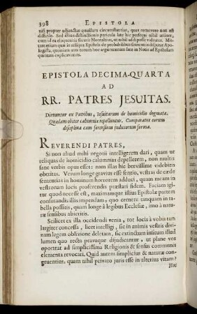 Epistola Decima-Quarta. Ad RR. Patres Jesuitas. Diruuntur ex Patribus Jesuitarum de homicidio dogmata ...