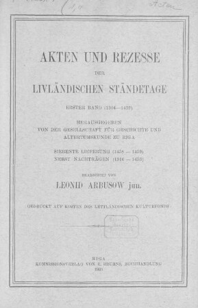Akten und Recesse der livländischen Ständetage, 1. Band. (1458-1459)