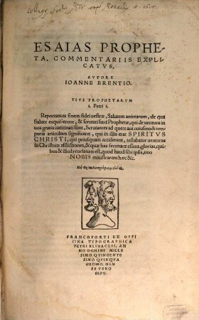 Esaias Propheta, Commentariis Explicatvs