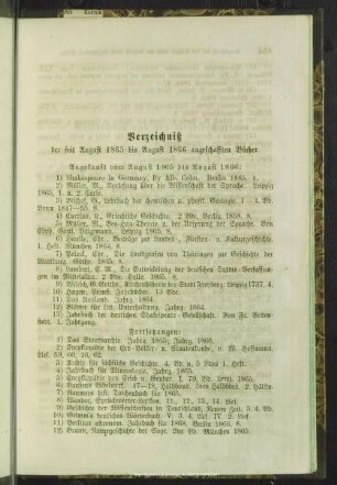 Verzeichniß der seit August 1865 bis August 1866 angeschafften Bücher