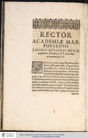 RECTOR ACADEMIAE MARPURGENSIS JACOBVS MVLLERS MED.D. ...