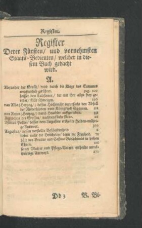 Register derer Fürsten/ und vornehmsten Staats-Bedienten/ welcher in diesem Buch gedacht wird.