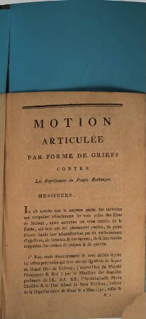 Motion Articulée Par Forme De Griefs Contre Les Représentants Du Peuple Brabançon