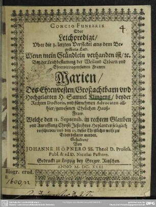 Concio funeris oder Leichpredigt bey der Leichbestattung Frawen Marien, Samuel Klingens eheliche Haußfraw