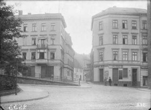 Blick auf den Töpferplan. linke Bildseite: Töpferplan 10 (Zeidler, Vogelhandlung) Töpferplan 9. rechte Bildseite: Leipziger Straße 27 (Hofmann, Althandlung), Leipziger Turm