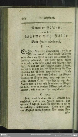 Neunter Abschnitt von der Wärme und Kälte. Vom Feuer überhaupt