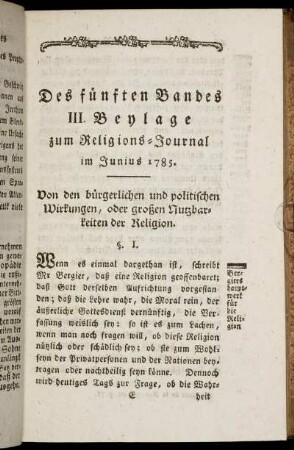 Des fünften Bandes III. Beylage zum Religions-Journal im Junius 1785