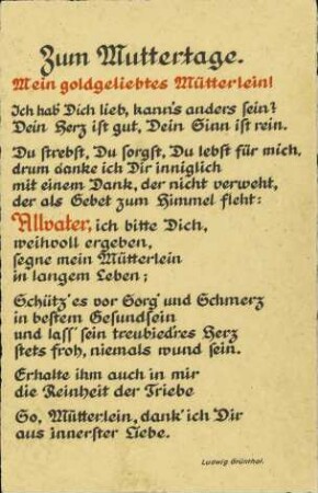 Zum Muttertage - Mein goldgeliebtes Mütterlein! [...]