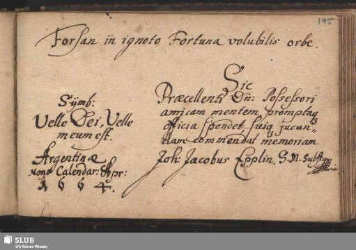 Stammbucheintrag von Johann Jacob Epplin. Straßburg, 5. April 1664