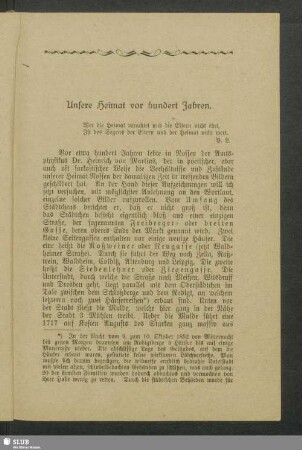 Unsere Heimat vor hundert Jahren