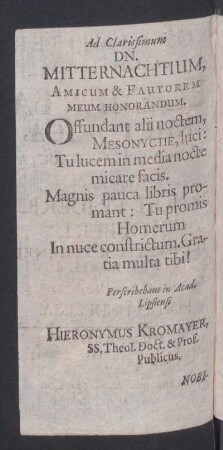 Ad Clarissimum Dn. Mitternachtium ...