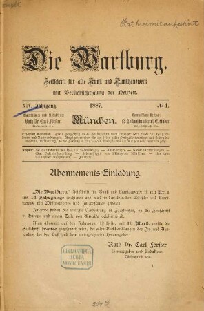 Die Wartburg : Zeitschr. für alte Kunst u. Kunsthandwerk mit Berücksichtigung d. Neuzeit. 14, 14. 1887