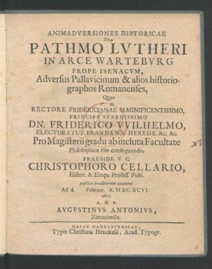 Animadversiones Historicae De Pathmo Lutheri In Arce Warteburg Prope Isenacum, Adversus Pallavicinum & alios historiographos Romanenses ...