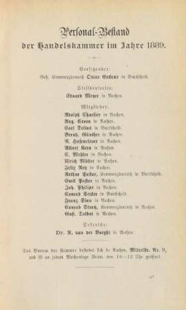 Personal-Bestand der Handelskammer im Jahre 1889.