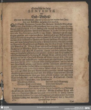 … Sententz oder End-Urtheile, So von den Churfürstl. Herren Commissarien, wieder den Obristen von Kalckstein außgesprochen worden