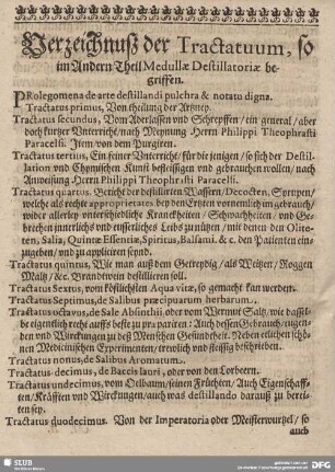 Verzeichnuß der Tractatuum, so im Andern Theil Medullae Destillatoriae begriffen.