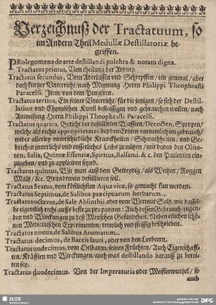 Verzeichnuß der Tractatuum, so im Andern Theil Medullae Destillatoriae begriffen.