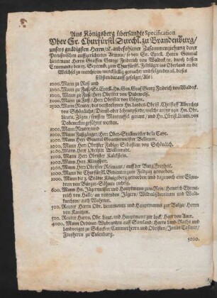 Aus Königsberg übersandte Specification Uber Sr. Churfürstl Durchl. zu Brandenburg ... anbefohlener Zusammenziehung derer Preußnischen auffgerichteten Armeen/ so von ... Herrn Graffen George Friderich von Waldeck/ [et]c. durch dessen Commando den 13. Septemb. zum Churfürstl. Feldläger ins Oberland an die Weichsel zu marschiren/ werckstellig gemacht ...