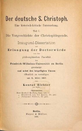 Der deutsche S. Christoph : eine historisch-kritische Untersuchung ; Teil I.: Die Vorgeschichte der Christophlegende